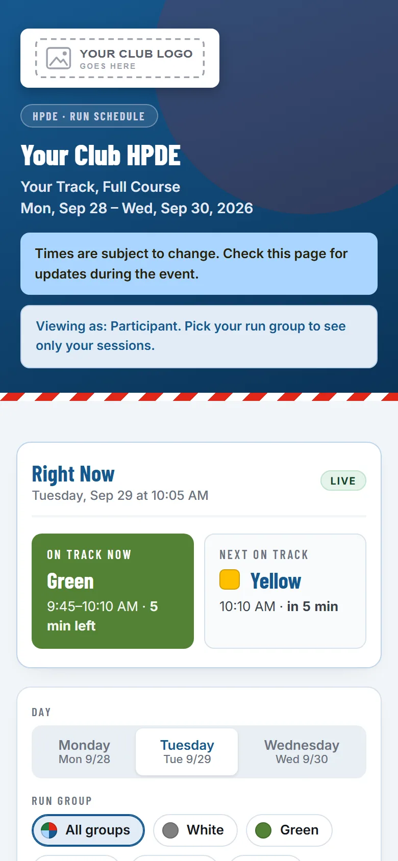 GridSync in blue and red with a placeholder club logo: the Right Now card shows Green on track with 5 minutes left and Yellow up next.