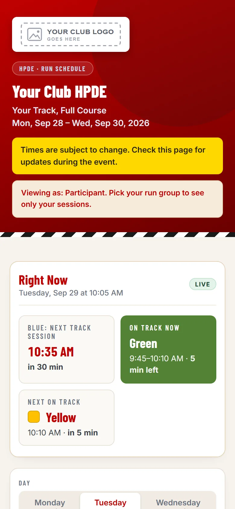 GridSync in red and yellow with a placeholder club logo, set to the Blue run group: its next track session is in 30 minutes.
